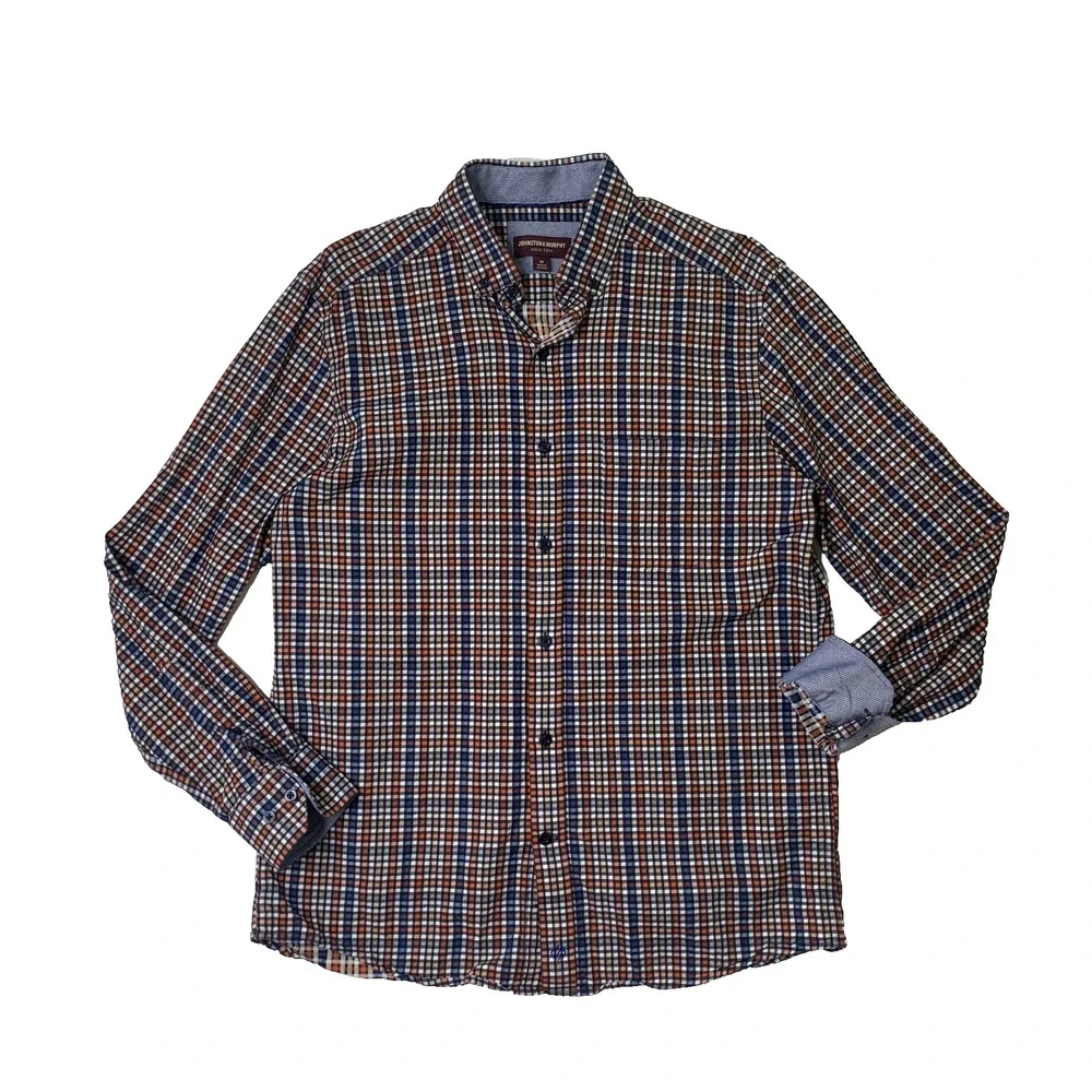 Johnston & Murphy Shirt Mens M Medium Cotton Flip Cuff Plaid Button Down Dress